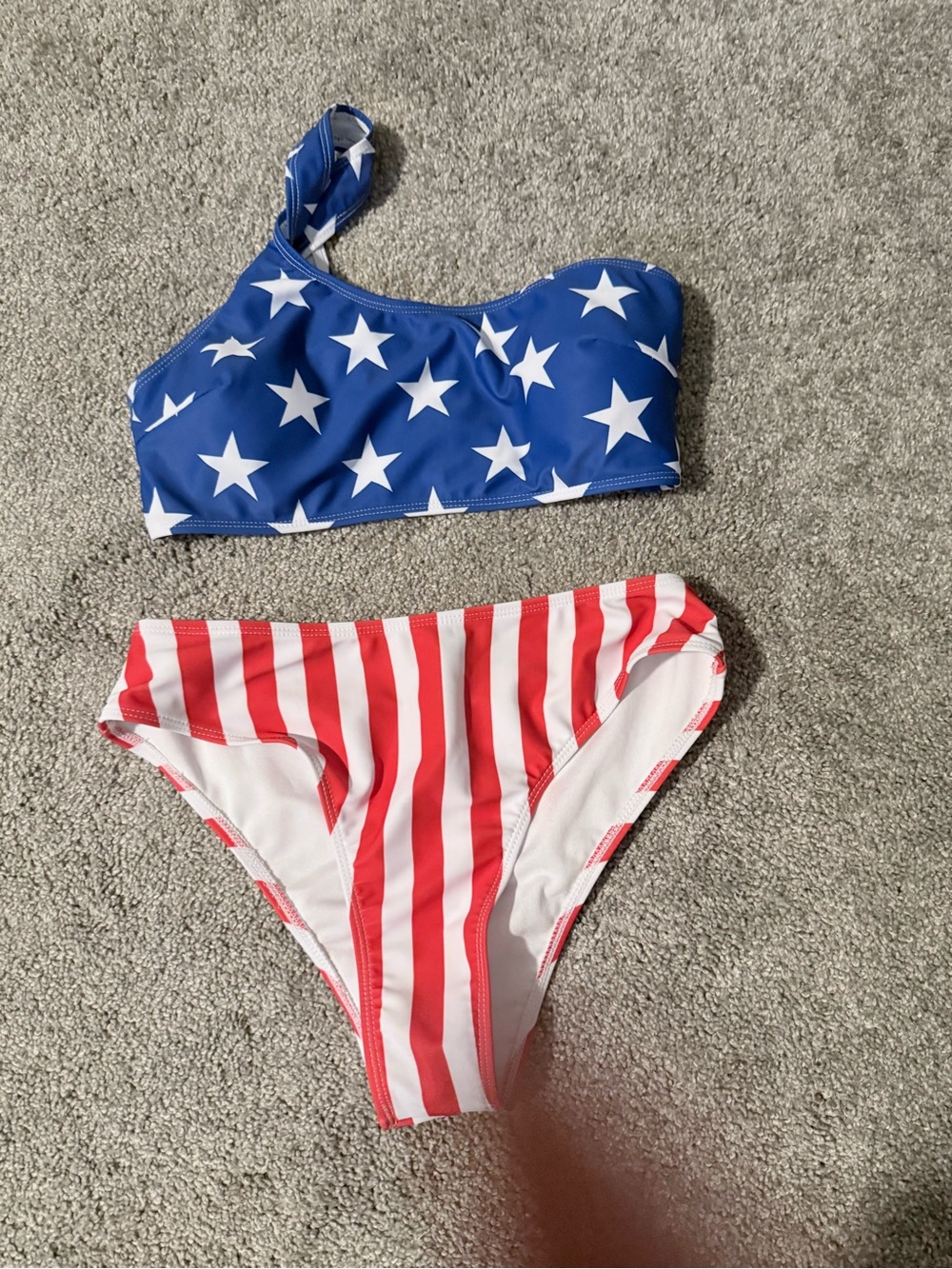 American Flag Two-Piece Bikini - Blue Star One-Shoulder Top & Red Stripe Bottom